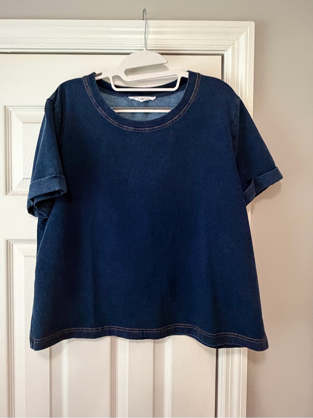 Womens Short Sleeve Denim-Look Top - Navy